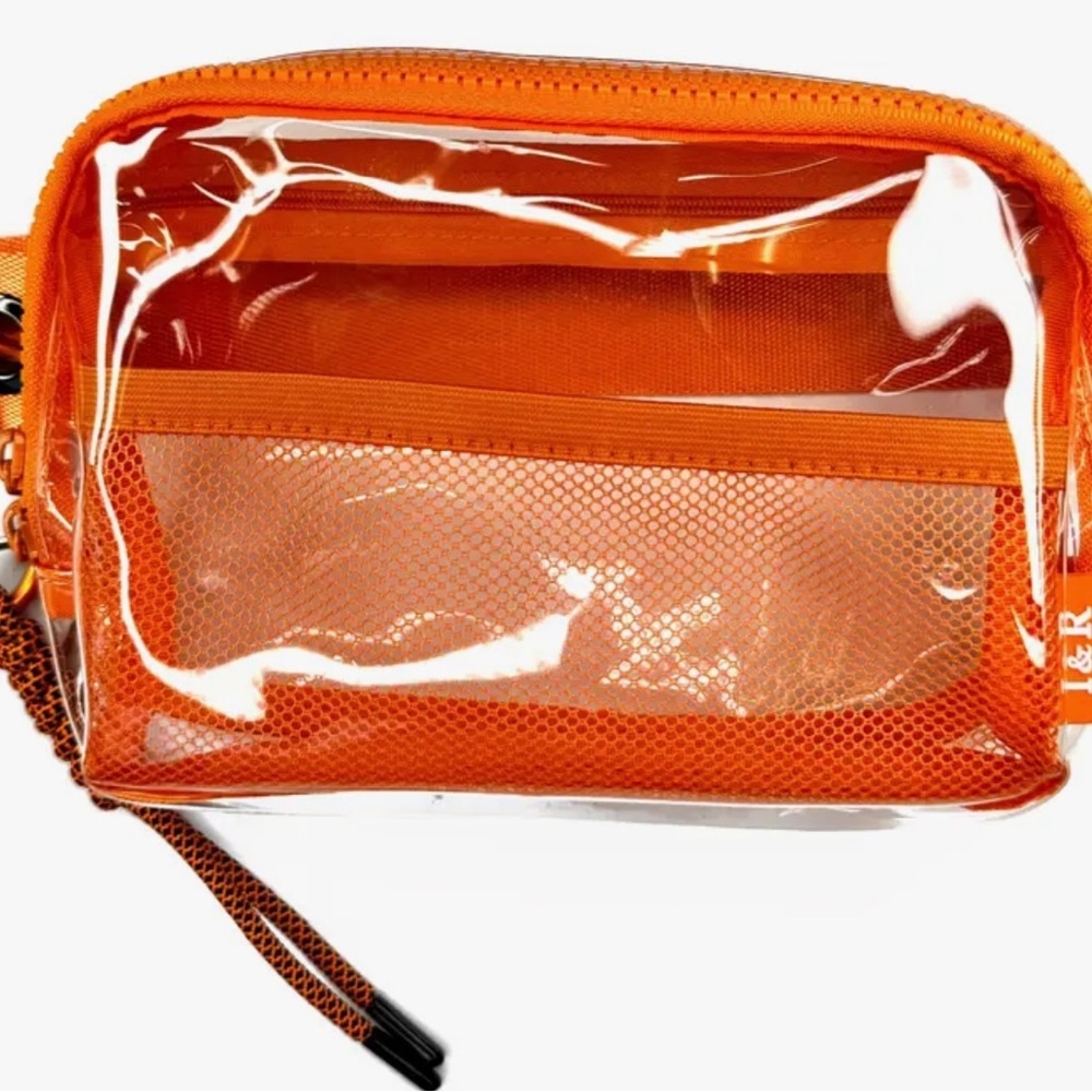 Clear stadium bag /orange Adj strap 32 to 60 " long Bag itself 8.5 inches